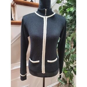 Vintage Black Acrylic Long Sleeve Full Zip Casual Knit Sweater Size M